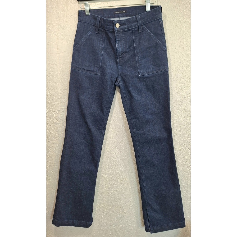 Lucky Brand Women Dark Wash High Rise Patch Pocket Flare Jeans Side Slit 4/27R
